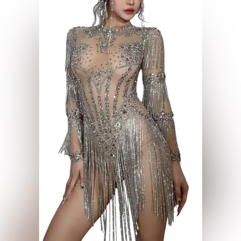 Festival Season Silver Fringe Rhinestone Embellished Sheer Bodysuit